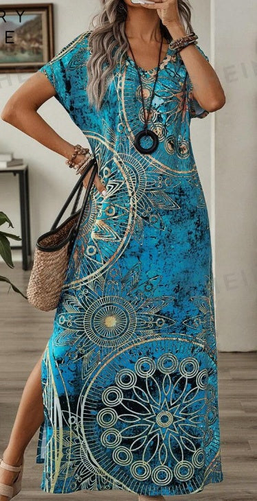 Women's Vintage Floral Print V-Neck Batwing Sleeve Casual Summer Dress Maxi Women Dresses Long Dress - Clear Vision™️Glasses
