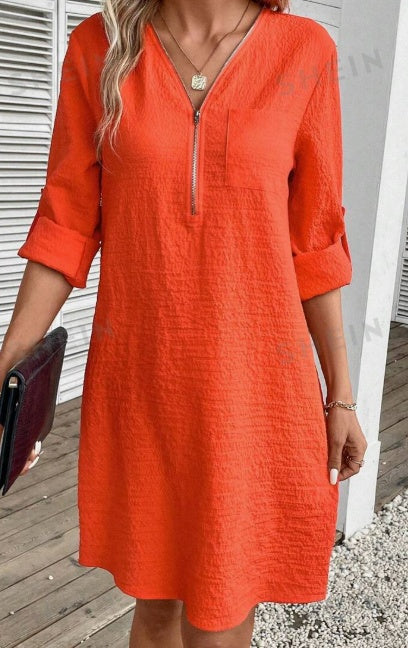 Textured Zipper Half-Buttoned Dress With Patch Pockets - Clear Vision™️Glasses