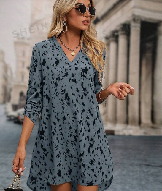 Allover Print Roll Up Sleeve Dress Ladies Casual High Low Long Sleeve V Neck Regular Fit Short Apricot Roll Up Sleeve All Over Print Tunic Women Short Dresses - Clear Vision™️Glasses