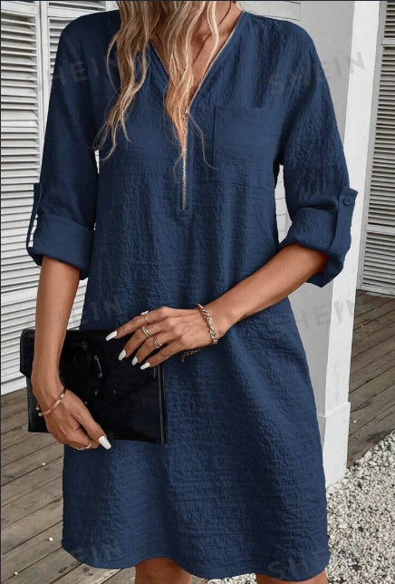 Textured Zipper Half-Buttoned Dress With Patch Pockets - Clear Vision™️Glasses