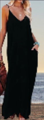 Poetsky Womens Casual Strappy V Neck Sleeveless Flowy Pockets Loose Long Maxi Beach Dress Sundress - Clear Vision™️Glasses