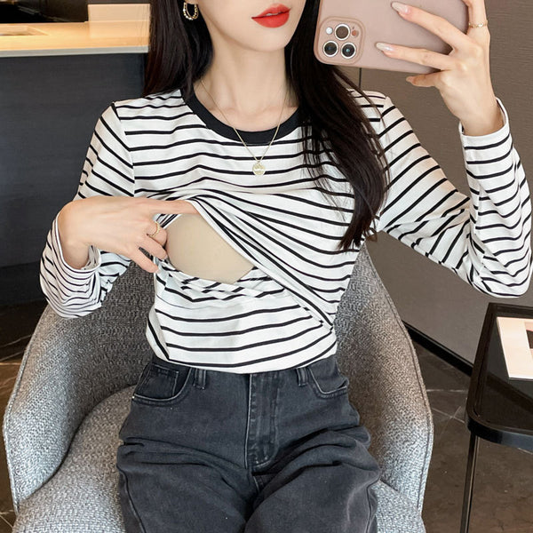 Striped Nursing Shirt Spring And Autumn Long Sleeve Nursing Clothes - Clear Vision™️Glasses