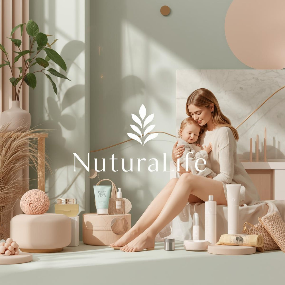 Woman holding a baby in a spa-like setting with 'NaturaLife' branding.