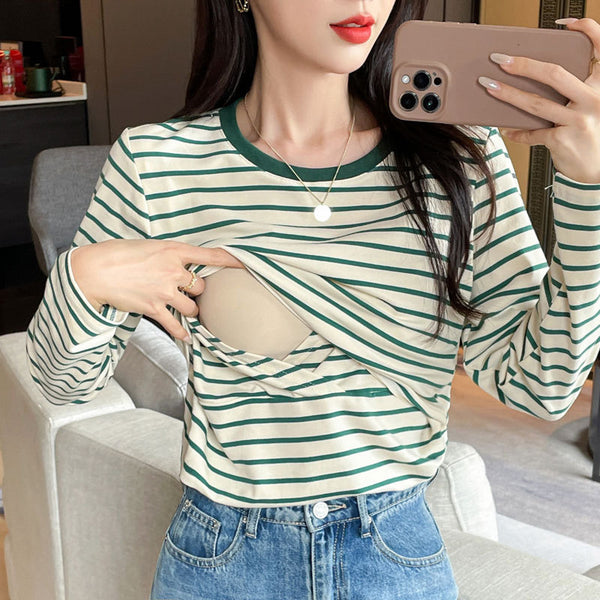 Striped Nursing Shirt Spring And Autumn Long Sleeve Nursing Clothes - Clear Vision™️Glasses
