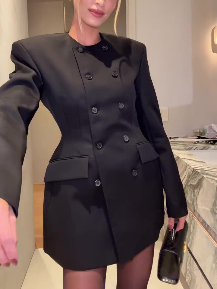 Black Double Breasted Mini Blazers Dress - Clear Vision™️Glasses